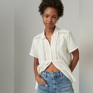 Lucky Brand Ivory Lace trim button down blouse L